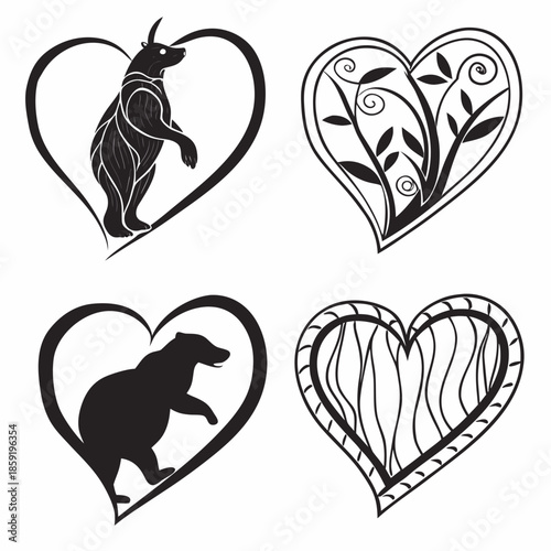Heart shaped silhouettes with animal and plant designs