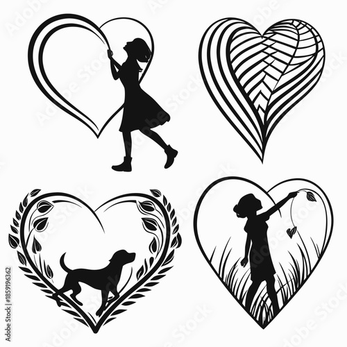 Silhouettes of people and a dog within hearts