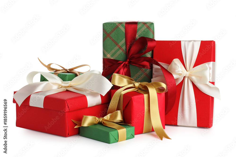 Obraz premium Many beautiful Christmas gift boxes isolated on white