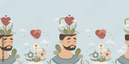 Mental Health Seamless Border. Man Heart with Rainbow, Flowers, Lightbulb on Light Blue Background. Horizontal Vector Illustration. Positive Mindset Concept. Wellness for Web Divider, Tape Design