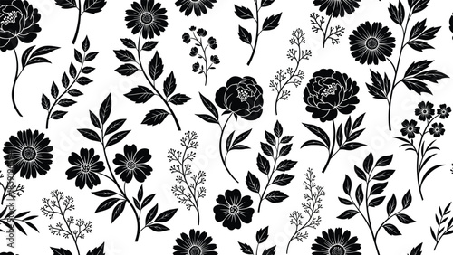 Black silhouette floral seamless pattern background, vintage flower and leaf decoration, botanical nature, cad drawing flat vector illustration