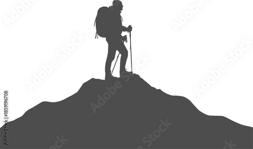 Hiker Standing on Mountain Peak Black Silhouette Isolated on White. Outdoor Adventure, Local Travel, Hiking, Achievement, Nature Exploration Vector Concept.