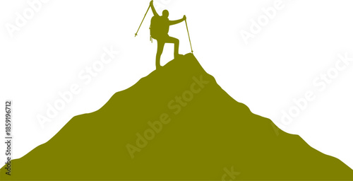 Hiker Standing on Mountain Peak Black Silhouette Isolated on White. Outdoor Adventure, Local Travel, Hiking, Achievement, Nature Exploration Vector Concept.