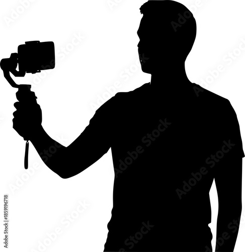 Video Content Creator with Gimbal Black Silhouette Isolated on White. Social Media Influencer, Vlogging, Digital Marketing, Tech Media 2026 Vector Icon.