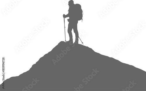Hiker Standing on Mountain Peak Black Silhouette Isolated on White. Outdoor Adventure, Local Travel, Hiking, Achievement, Nature Exploration Vector Concept.
