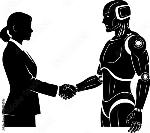 Business Woman and Robot Shaking Hands Black Silhouette Isolated on White. AI Human Collaboration, Future Workplace, Technology Partnership Vector Icon.
