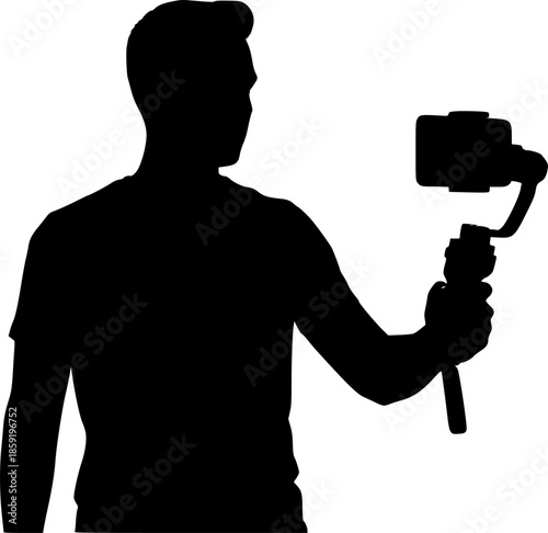 Video Content Creator with Gimbal Black Silhouette Isolated on White. Social Media Influencer, Vlogging, Digital Marketing, Tech Media 2026 Vector Icon.