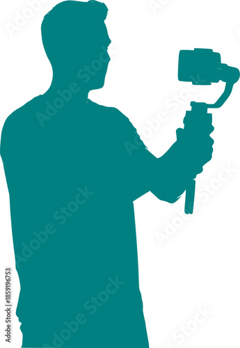 Video Content Creator with Gimbal Black Silhouette Isolated on White. Social Media Influencer, Vlogging, Digital Marketing, Tech Media 2026 Vector Icon.