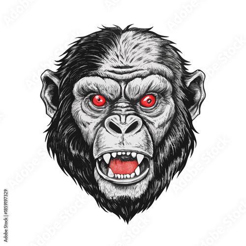 Hand-drawn, ink style ape head with red eyes and lips.