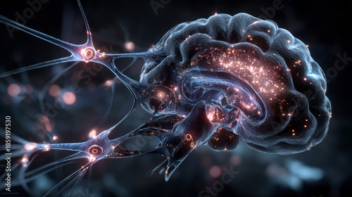 Human brain with highlighted cerebellum and close-up view of Purkinje neurons, one of the commonest types of cells in cerebellar cortex, 3D illustration