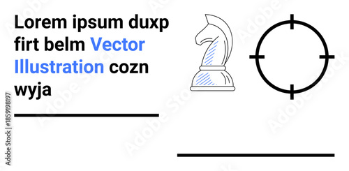 Strategy, focus, planning, decision-making, analysis, goal setting. Chess knight silhouette next to a target symbol with text elements. Strategy and focus concept in minimal design