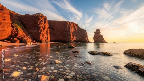 Coastal cliffs and ocean with rocky beach and dramatic sky