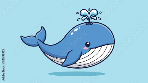 Adorable Cartoon Blue Whale Spouting Water from Blowhole.