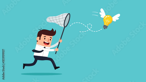 Cartoon businessman chasing a flying lightbulb idea with a net.