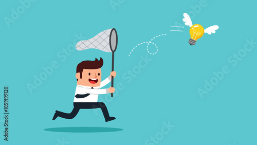 Cartoon businessman chasing a winged lightbulb with a net symbolizing idea pursuit.
