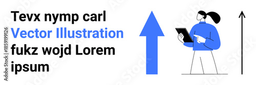 Business strategy, growth planning, data analysis, performance evaluation, career development, digital tools. Person holding tablet with upward arrow and text. Growth planning and data analysis