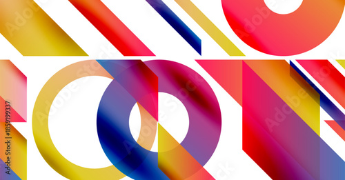 Abstract composition. Overlapping colorful shapes create dynamic visual effect. Bright gradients, circles, triangles dominate design. Modern, vibrant.