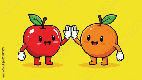 Cute Cartoon Apple and Orange Characters Giving a High Five.