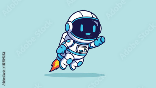 Cute Cartoon Astronaut Character Flying with Jetpack in Space Suit.
