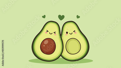 Cute cartoon avocado couple illustration with happy faces and hearts.