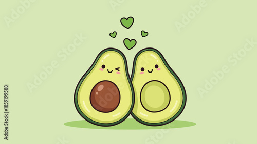 Cute cartoon avocado couple with hearts one with pit one without.