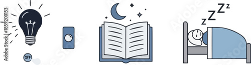 Illustrations showing a calming nightly routine turning off lights, reading a peaceful book, and finally falling into a deep sleep, emphasizing relaxation and well-being