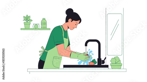 Woman diligently washing fresh vegetables under running water in a clean kitchen sink.