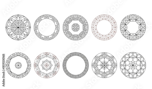 Elegant Korean circular window frame vector patterns with geometric line art isolated on white background