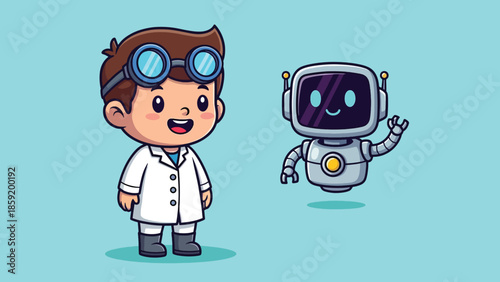 Cute Cartoon Scientist Boy and Friendly Robot Assistant Illustration.
