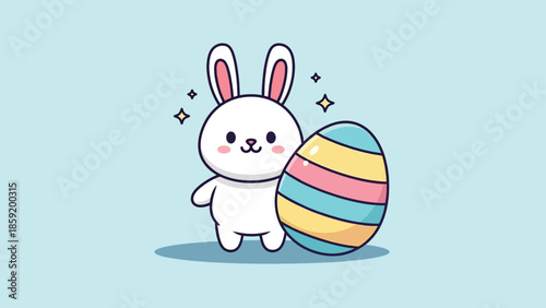 Cute cartoon white bunny with big ears standing next to a colorful striped Easter egg illustration.
