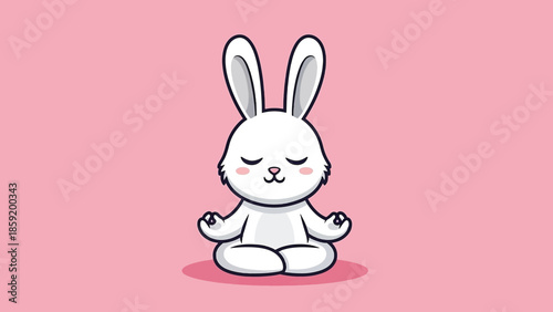 Cute cartoon white rabbit meditating peacefully in a lotus pose.