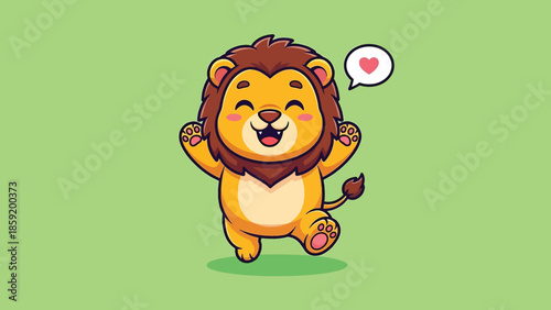 Cute happy cartoon lion character with heart speech bubble.