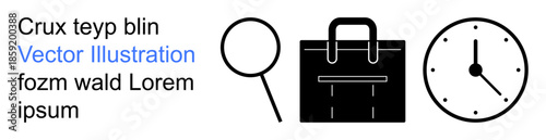 Time management, workplace organization, productivity planning, office essentials, task prioritization, business tools. Minimalistic icons of magnifying glass, briefcase and clock. Time management