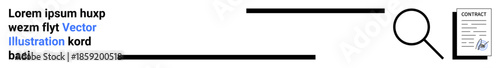 Identity verification, legal documents, business security, data accuracy, compliance, information screening. Magnifying glass hovering over a contract. Identity verification and legal document