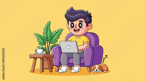 Happy cartoon boy working remotely on laptop in cozy armchair with sleeping dog.