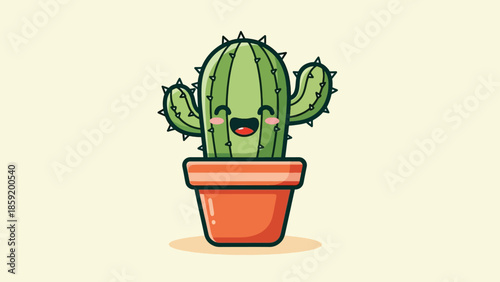 Obraz na plátně Happy cartoon cactus in a terracotta pot with a smiling face.
