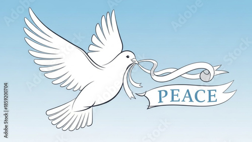 Dove Symbolizing Peace: A pristine white dove soars gracefully against a gentle blue backdrop, bearing a banner of PEACE, an emblem of tranquility and hope.