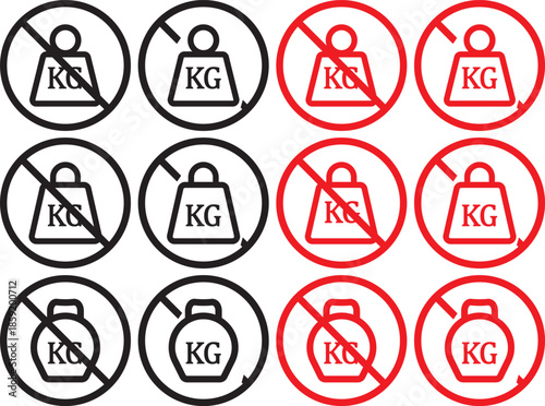 no Weight heavy kg icon. Maximum load limit symbols. No heavy lifting graphic design. Prohibited Kilogram Weight symbol line and bold style.  No kilogram (KG) icons