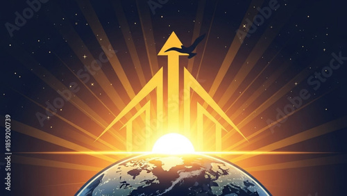 Golden Ascent: A stylized sunrise over the world, with rays of light radiating upwards into a starry sky, evoking themes of ambition, growth, and aspiration, a bird symbol of freedom.