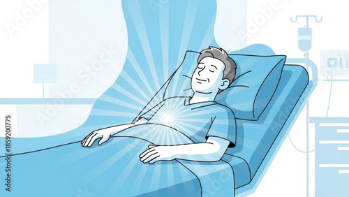 Relaxation and Healing: An illustration depicts a patient lying in bed, a radiant aura emanating from his chest, symbolizing inner peace and wellness during a time of recovery.