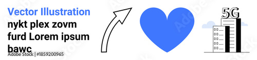 Digital transformation, connectivity, innovation, 5G technology, wireless communication, smart cities. Blue heart, arrow and 5G tower. Connectivity and innovation