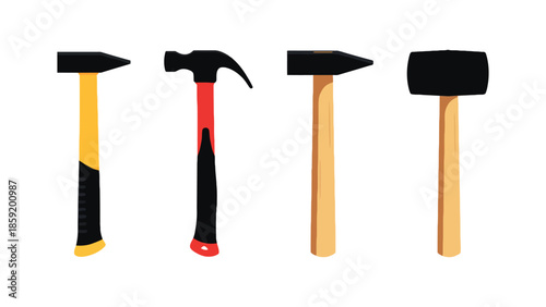 Collection of four different hammers on a white background, ready for construction and DIY projects