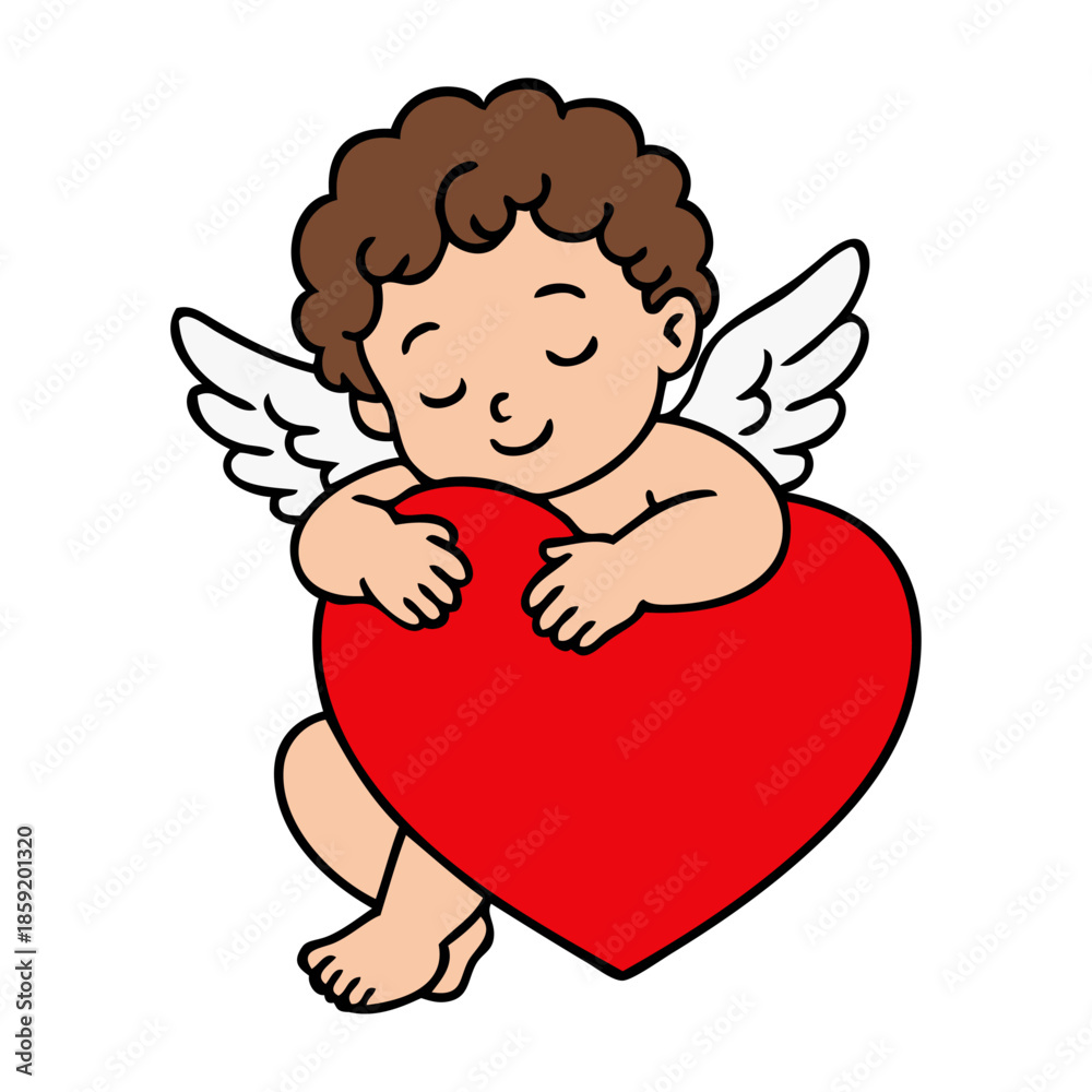 Fototapeta premium Dibujo sencillo con líneas de un querubín abrazado a un corazón. Símbolo de cupido para tarjetas y felicitaciones de San Valentín