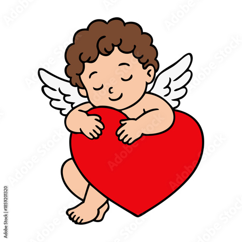 Dibujo sencillo con líneas de un querubín abrazado a un corazón. Símbolo de cupido para tarjetas y felicitaciones de San Valentín