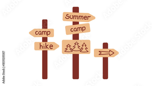 Wooden signpost with arrows pointing to summer camp and hiking trails, illustrating outdoor adventure.