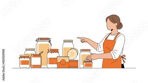 Woman in apron proudly presenting a collection of preserved food jars and containers