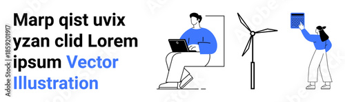 Renewable energy, sustainability, technology education, remote work, energy solutions, clean technology. Person working on laptop, wind turbine and person holding a solar panel. Renewable energy