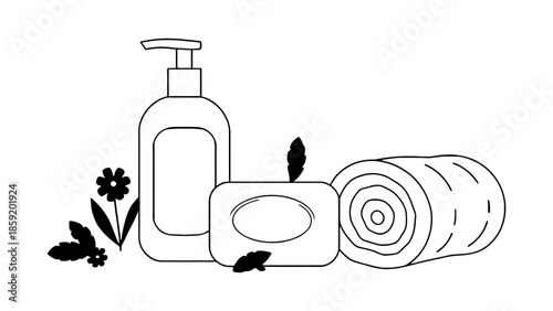 Clean and natural personal care items including a soap dispenser, bar of soap, and rolled towel with botanical accents.