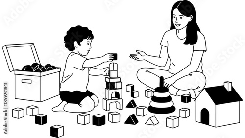 Young child and caregiver joyfully building with colorful blocks indoors