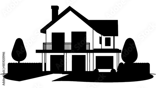 Simple silhouette of a modern two-story house with a chimney and surrounding trees.